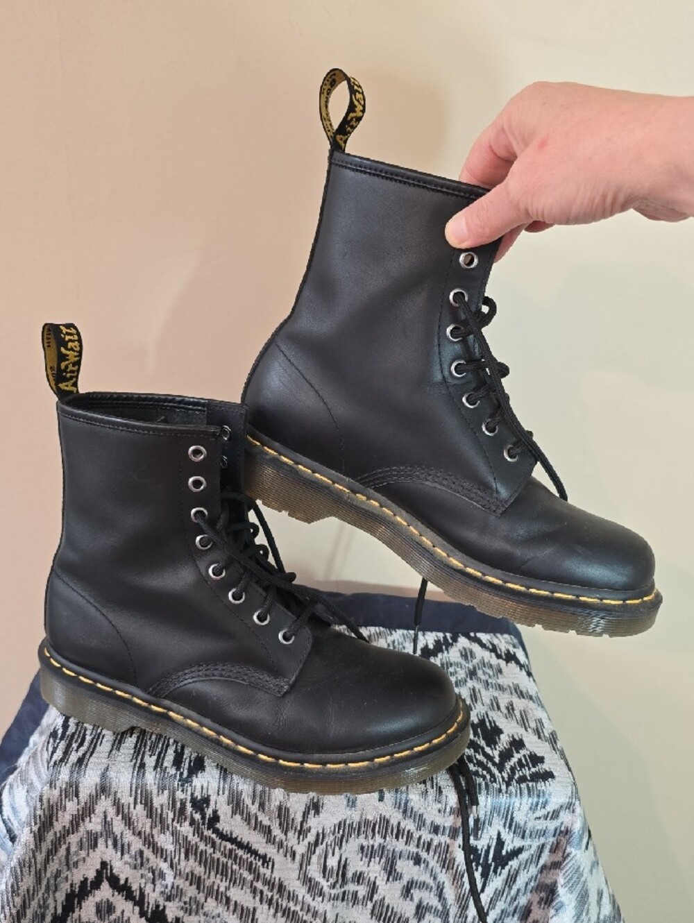 Dr. Martens Black Leather Lace-Up Combat Boots with Yellow Stitching - Picture 4 of 14